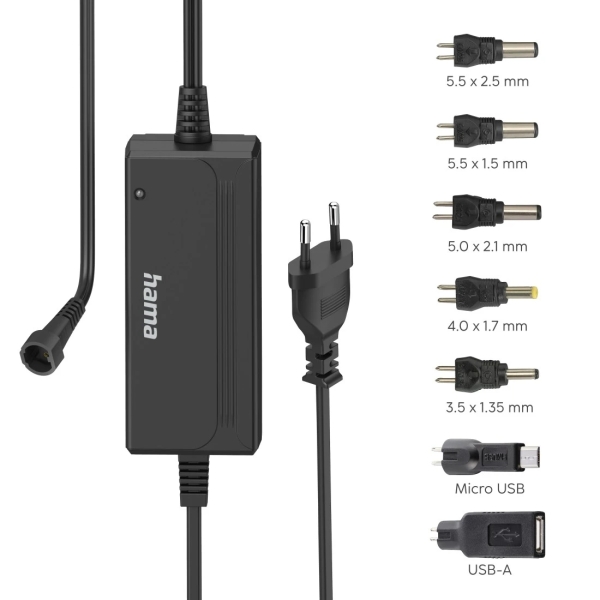 Hama Fuente de Alimentacion Multidispositivo - Potencia 36W - Voltaje 15V - Indicador LED - 7 Adaptadores - Intensidad Maxima 3A - Voltaje Ajustable - Color Negro