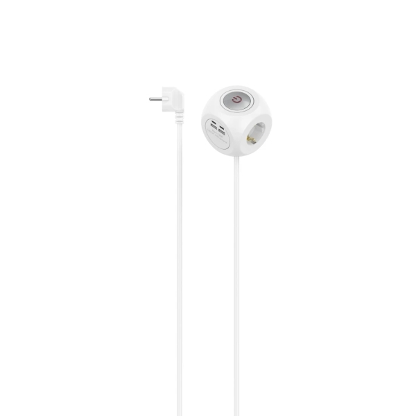 Hama Regleta Alimentacion con 7 Tomas - 3680W - Cable 1.4m - 3x Schuko - 2x USB-C - 2x USB-A - Antideslizante - Interruptor de Encendido - Forma de Cubo - Enchufe Schuko en Angulo - Color Blanco