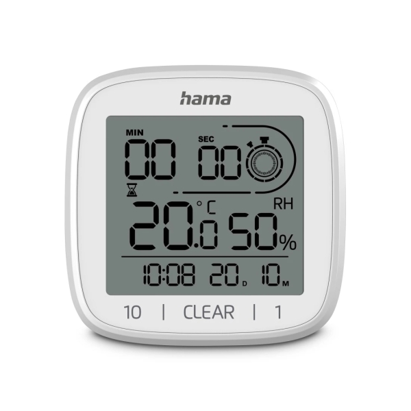 Hama Chipre Reloj Digital con Ventosa - Termometro - Higrometro - IPX4 - Funcion Cuenta Atras - Fecha - 11x11x4.5cm - Color Blanco