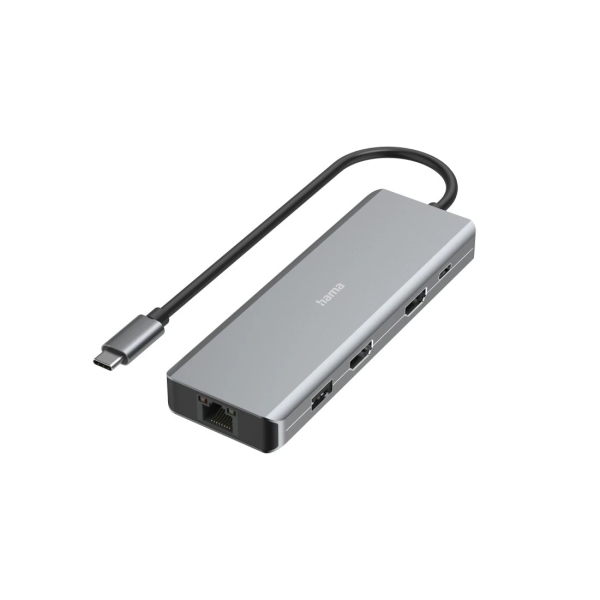 Hama Essential Hub USB 3.2 - Potencia Maxima 100W - Cable USB-C Integrado de 15cm - LAN Ethernet 1Gbps - 2x HDMI 4K - 2x USB-C - 2x USB-A - Power Delivery - Color Gris