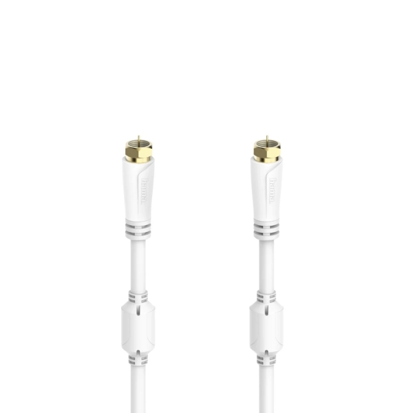 Hama Essential Cable Coaxial de Antena - Longitud 1.5m - Terminales Chapados en Oro - Conector F Macho - Triple Blindaje - Apantallamiento 100dB - Impedancia 75Ohm - Color Blanco