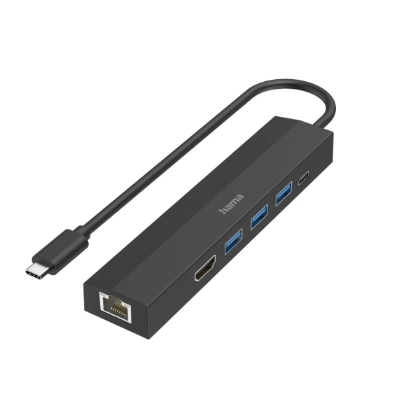Hama Entry Hub USB 3.2 - Potencia Maxima 100W - Cable USB-C Integrado de 15cm - LAN Ethernet 1Gbps - HDMI 4K - 3x USB-A - USB-C - Power Delivery - Color Negro