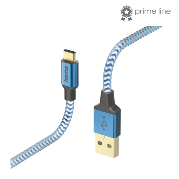 Hama Reflective Cable USB - Longitud 1.5m - USB-A Macho - USB-C Macho - Nailon - Velocidad hasta 480Mbps - Chapado en Oro - Color Azul