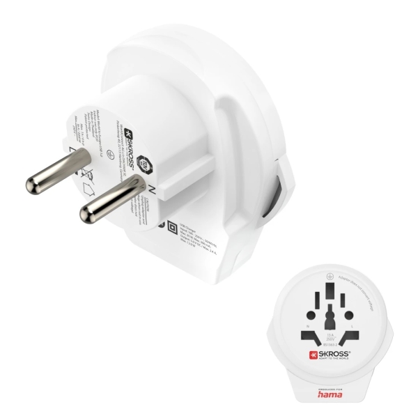 Hama Adaptador de Viaje Toma Tipo E y Schuko - Potencia hasta 2500W - Hembra Universal - Voltaje 100-250V - Color Blanco