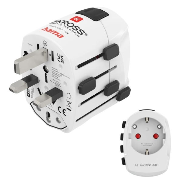 Hama World Travel Pro Adaptador de Viaje Universal - Potencia hasta 1750W - Voltaje 100-250V - Color Blanco