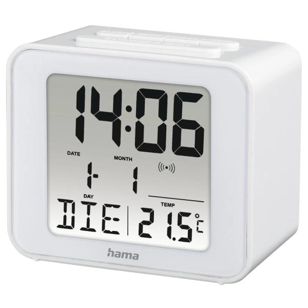 Hama Cube Radio Reloj Despertador - Termometro - Pantalla Digital - Funcion de Repeticion de Alarma - Zona Horaria Ajustable - 7x4x6cm - Color Blanco