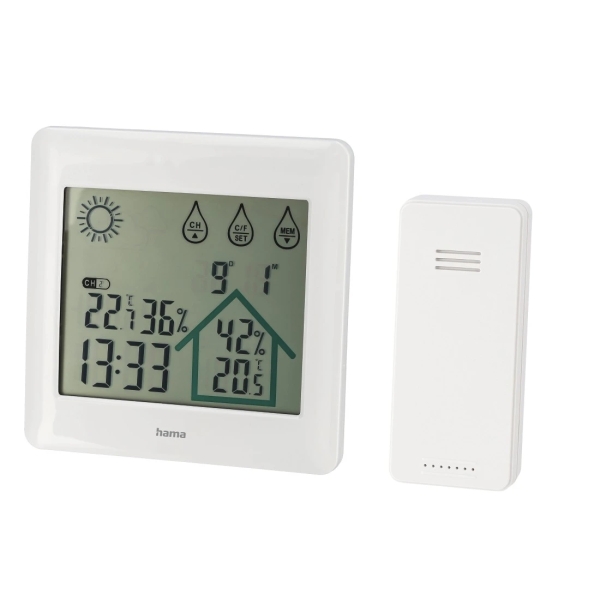 Hama Action Estacion Meteorologica - Prevision Meteorologica - Sensor Exterior - Termometro - Higrometro - 12x2x12cm - Color Blanco