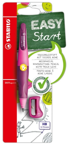 Stabilo Easyergo Pack con Lapiz Retractil + Scapuntas - Mina HB de 3.15mm - Diseño Ergonomico - Uso Zurdo - Color Rosa
