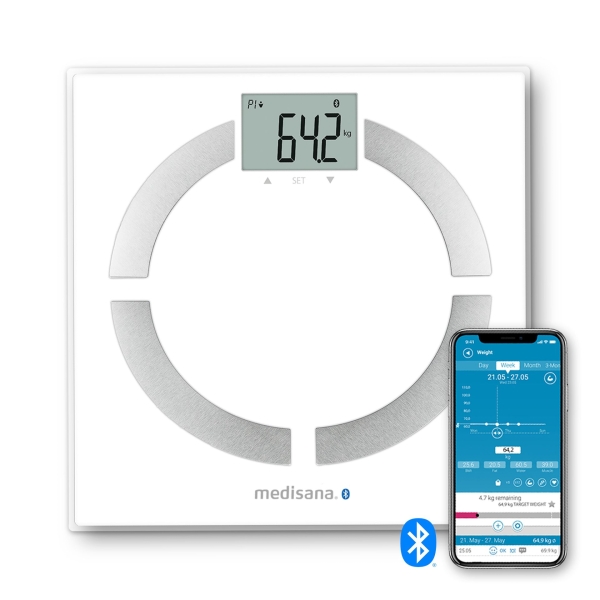 Medisana BS444 Bascula de Analisis Corporal con Bluetooth - Medicion de Peso, IMC, BMR y Composicion Corporal - Sensores de Alta Precision - Pantalla LCD Facil de Leer - Memoria para 8 Usuarios - Sincronizacion con App