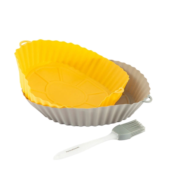 Innovagoods Mollicon Pack de 2 Cestas de Silicona para Freidoras de Aire - Antiadherente - Apto Lavavajillas - Libre de BPA - Facil Limpieza - Pincel - 24.5x4.5x21.5cm - Color Gris y Naranja