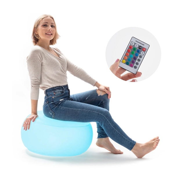 Innovagoods Pulight Asiento Hinchable - Luz LED Multicolor - Soporta hasta 100kg - Mando a Distancia - Incluye Hinchador - IP68 - 50x30cm - Color Blanco