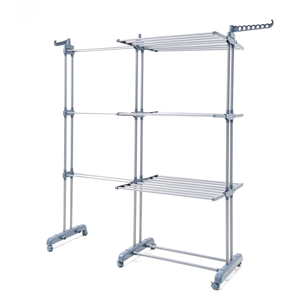 Innovagoods Dolver XL Tendedero Vertical Extensible con Ruedas - 30 Barras - Soporta hasta 45kg - Plegable - 2 Soportes para Perchas - Alas Laterables - 141x179x65cm - Color Gris