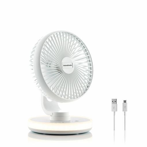 Innovagoods FanLed Ventilador de Escritorio Recargable - Autonomia hasta 11h - 40dB - 4 Velocidades - Bateria 4000mAh - Luz LED - Recargable - Antideslizante - 17x23x17cm - Color Blanco