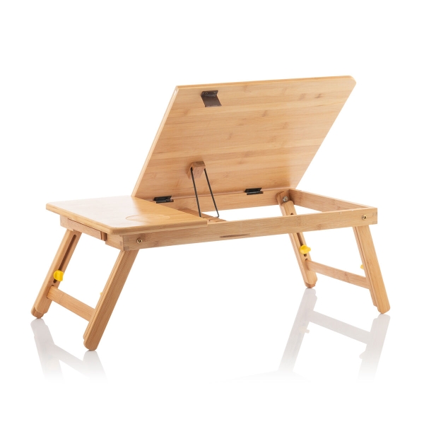 Innovagoods Lapwood Soporte para Portatil de Bambu - Plegable - Inclinacion Ajustable - Cajon - Posavasos - 53.5x21-27x34cm - Color Madera