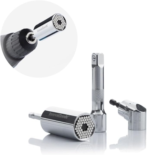 Innovagoods Uniscrew Llave de Vaso Universal - Incluye Accesorios - Multifuncion - Tornilleria Entre 7-19mm - 2.5x5cm - Color Plateado