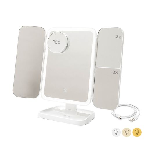 Innovagoods Miled Espejo de Maquillaje Triptico - Tactil - Bateria 2000mAh - Cable USB-C Incluido - Luz LED - Recargable - Plegable - Pies Antideslizantes - 21x32x13cm - Color Blanco