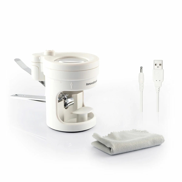 Innovagoods Clail Cortauñas con Lupa - 8 Aumentos - Cable USB de 80cm - Luz LED - Incluye Accesorios - Altura Ajustable - Base Antideslizante - 10.5x8.2x5.6cm - Color Gris