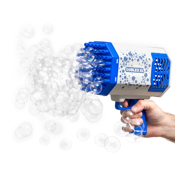 Innovagoods Gubles XL Pistola de Burbujas Gigante - Bateria 1200mAh - Luz LED - Incluye Accesorios - Recargable - 20.8x20.8x11cm - Color Azul y Gris