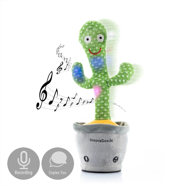 Innovagoods Cacxi Cactus Bailarin y Parlanchin con Musica - Bateria 180mAh - Luz LED - Recargable - 10x30x10cm - Color Verde y Gris