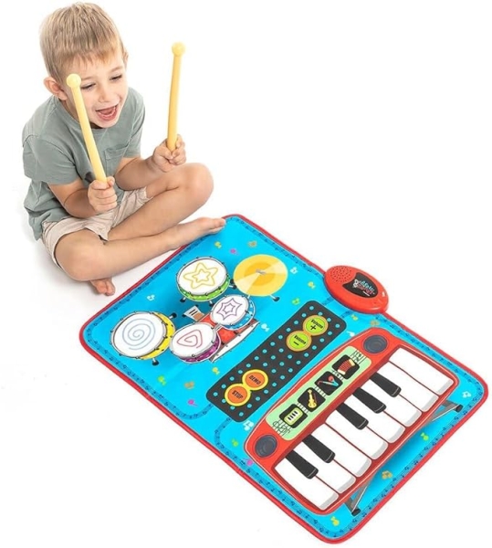 Innovagoods Beats'n'Tunes Tapete Musical 2 en 1 - Teclado con 4 Instrumentos - Bateria con Tambores y Platillos - Antideslizante - 70.5x45.5x2.5cm - Color Azul