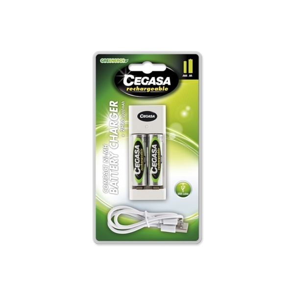 Cegasa Rechargeable Pack con Cargador Compacto de Pilas y Cable USB + 2 Pilas Recargables AA HR6 2000mAh - Cargador Apto para AA y AAA