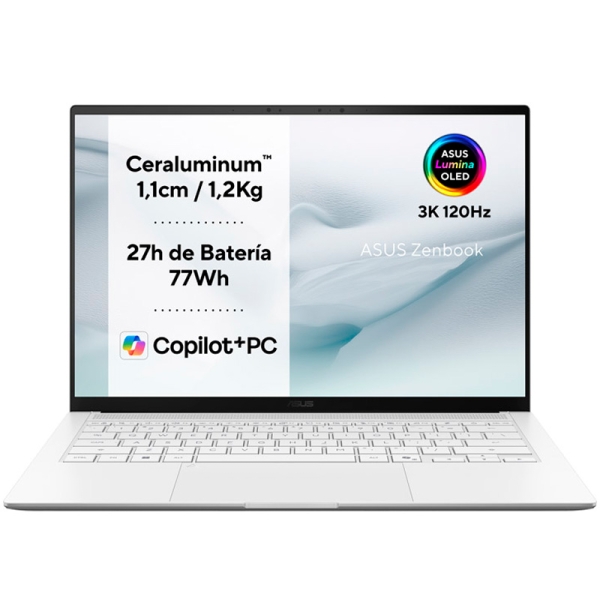 Asus ZenBook S14 OLED Portatil 14" Intel Core Ultra 9 386H - 32GB - 1TB SSD - Windows 11 Home 64-bit - Color Blanco - Teclado QWERTY (ES)
