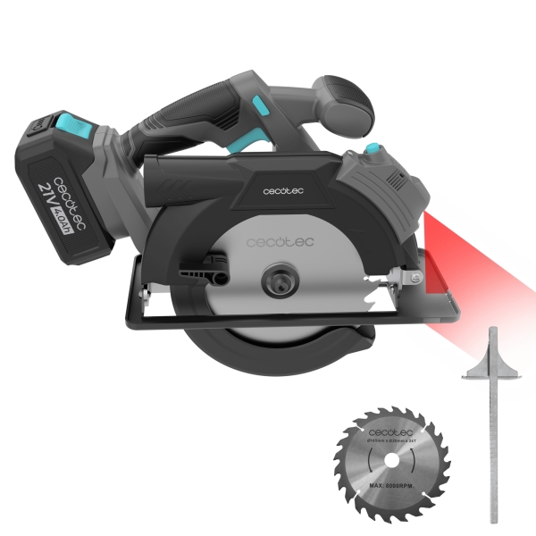 Cecotec DirectPrecission 8000 Vision Sierra Circular Inalambrico - Bateria 4Ah 20V - Disco de 165mm - Corte hasta 57mm - Inclinacion hasta 45º - Guia Laser Integrada - Color Negro y Gris