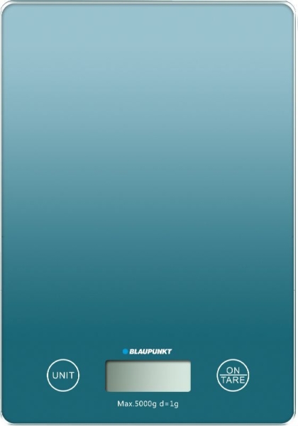 Blaupunkt Bascula de Cocina Digital 5kg con Plataforma de Cristal - Pantalla LCD - Funcion Tara - Alta Precision 1g - Autoapagado y Indicadores de Sobrecarga/Bateria Baja - Color Azul