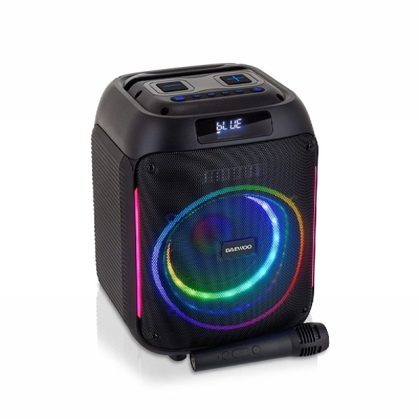 Daewoo Altavoz Karaoke Inalambrico - 40W - Bluetooth - Radio FM - Bateria 2000mAh - Microfono Incluido - MicroSD - Jack 3.5mm - USB - Luz LED RGB - Recargable - Color Negro