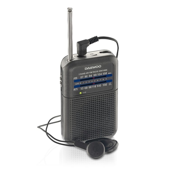 Daewoo DW1008 Radio Portatil AM/FM - Antena Telescopica y Sintonizacion Analogica Precisa - Altavoz Integrado - Salida Auriculares Jack 3.5mm - Compacto y Ligero para Uso Diario - Color Gris