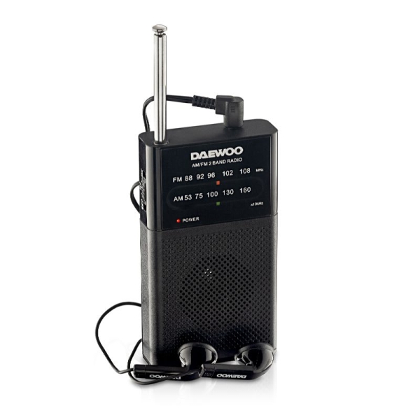 Daewoo Radio AM/FM - Alimentacion a Pilas - Jack 3.5mm - Antena Telescopica - Altavoz Integrado - 130x70x28mm - Color Negro