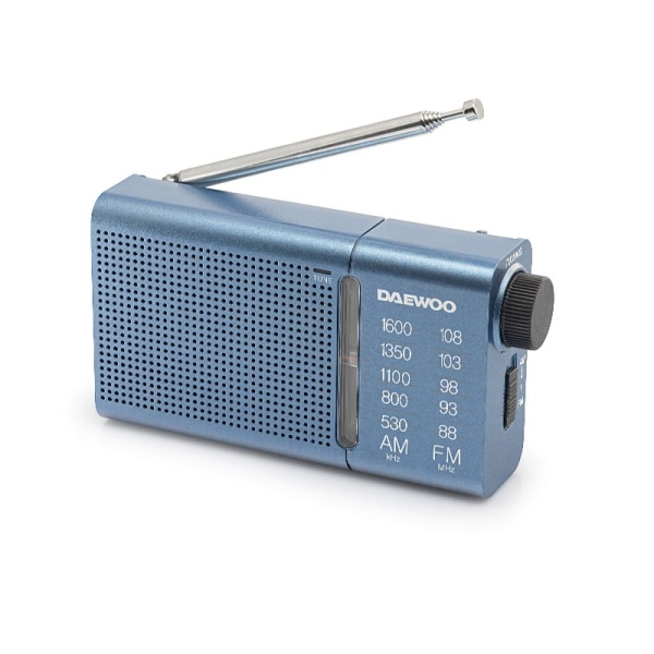 Daewoo DW1037 Radio Portatil AM/FM Analogica - Antena Telescopica - Altavoz Integrado - Incluye Auriculares - Jack 3.5mm - Funcionamiento a Pilas (2xAA) - Rueda de Sintonizacion Precisa - Color Azul