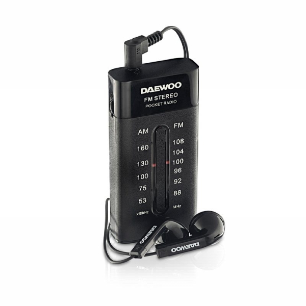 Daewoo Radio AM/FM - Alimentacion a Pilas - Jack 3.5mm - Sintonizacion Manual - Auriculares Incluidos - 95x70x30mm - Color Negro