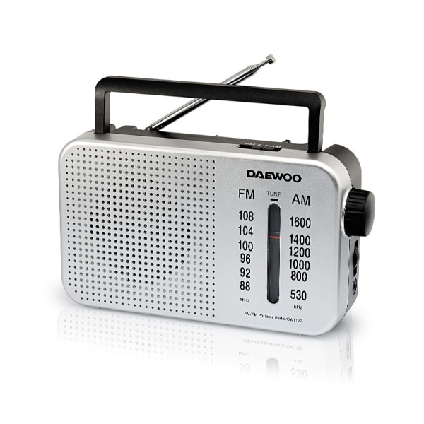 Daewoo Radio AM/FM - Cable 15cm - Jack 3.5mm - Antena Telescopica - Altavoz Integrado - Asa de Transporte - 22x7.5x15cm - Color Gris