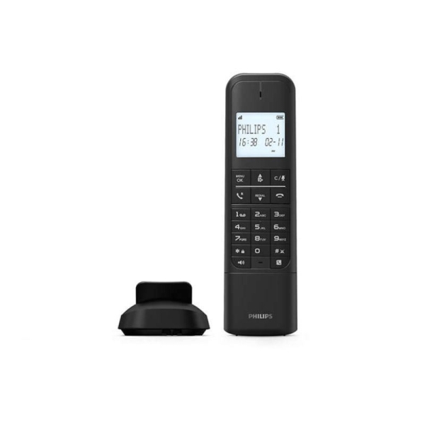 Philips Telefono Dect Inalambrico Independiente - Autonomia hasta 14h - Bateria 500mAh - Cable 1.8m - Pantalla 1.8" - Recargable - Bloqueo de Llamadas - Color Negro