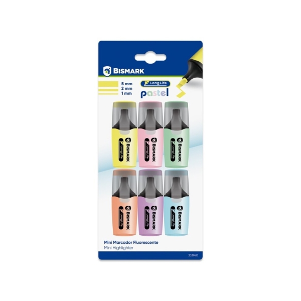 Bismark Long-Life Pack de 6 Mini Marcadores Fluorescentes Pastel - Tinta de Secado Rapido - Punta Biselada - Ideal para Subrayar y Resaltar - Diseño Ergonomico - Alta Durabilidad