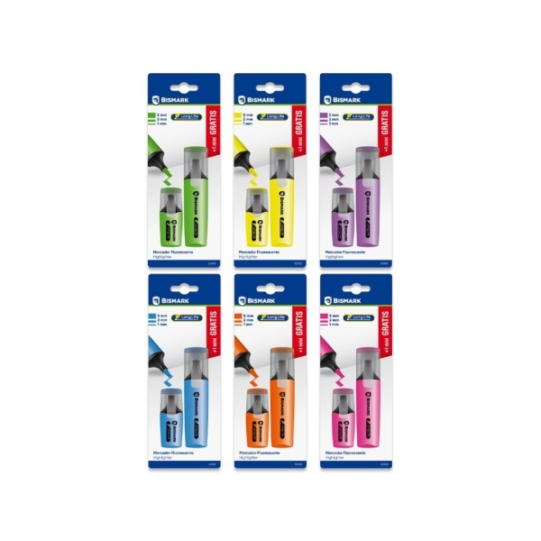 Bismark Long-Life Pack de 1 Mini Marcador + 1 Marcador Fluorescente - Tinta de Secado Rapido - Punta Biselada - Ideal para Subrayar y Resaltar - Diseño Ergonomico - Alta Durabilidad - Colores Surtidos
