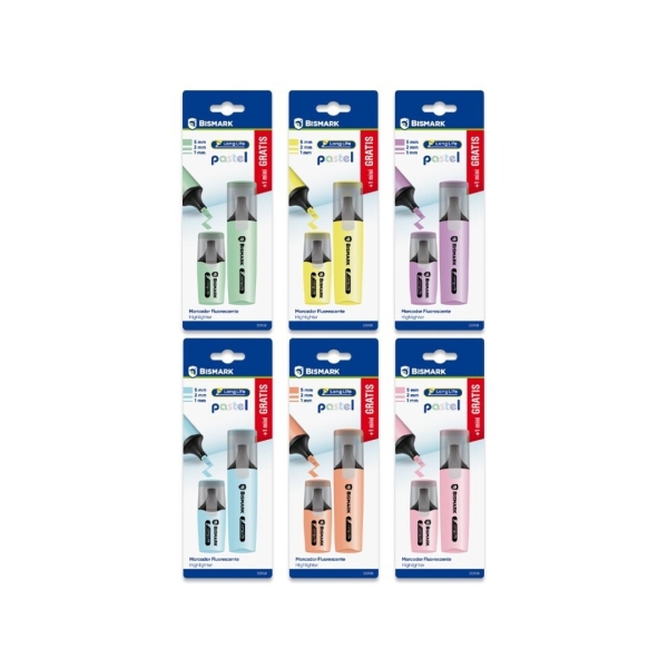 Bismark Long-Life Pack de 1 Mini Marcador + 1 Marcador Fluorescente - Tinta de Secado Rapido - Punta Biselada - Ideal para Subrayar y Resaltar - Diseño Ergonomico - Alta Durabilidad - Colores Pastel Surtidos