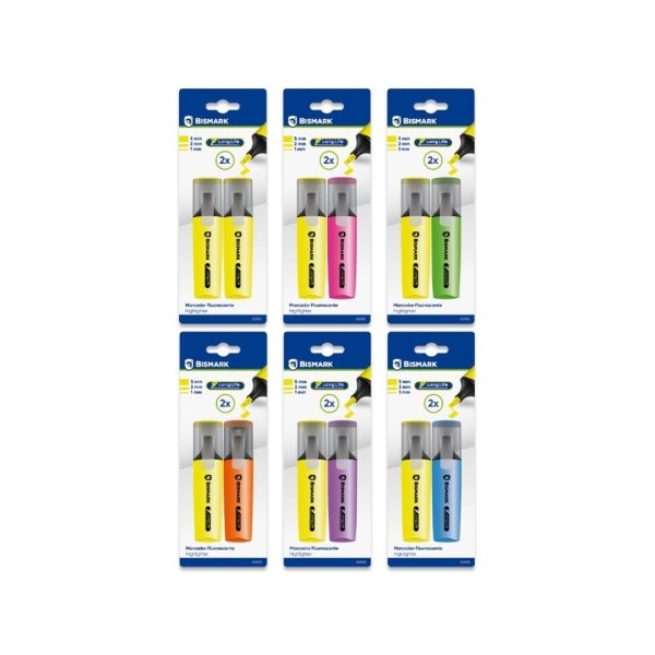 Bismark Long-Life Pack de 2 Marcadores Fluorescentes- Tinta de Secado Rapido - Punta Biselada - Ideal para Subrayar y Resaltar - Diseño Ergonomico - Alta Durabilidad - Colores Neon Surtidos