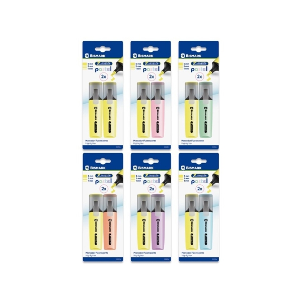 Bismark Long-Life Pack de 2 Marcadores Fluorescentes- Tinta de Secado Rapido - Punta Biselada - Ideal para Subrayar y Resaltar - Diseño Ergonomico - Alta Durabilidad - Colores Pastel Surtidos