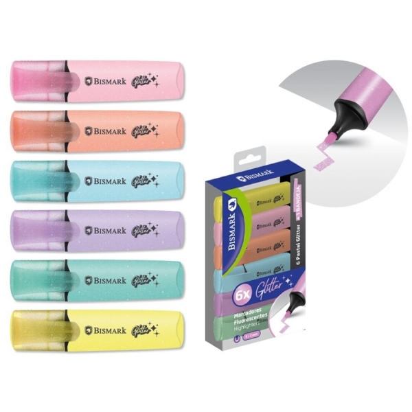 Bismark Pack de 6 Marcadores Fluorescentes Glitter Pastel - Tinta de Secado Rapido - Punta Biselada - Ideal para Subrayar y Resaltar - Diseño Ergonomico