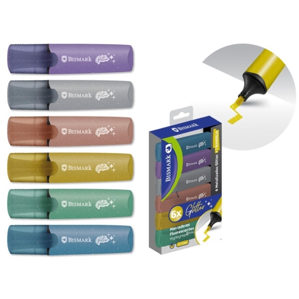 Bismark Pack de 6 Marcadores Fluorescentes Glitter Metalizados - Tinta de Secado Rapido - Punta Biselada - Ideal para Subrayar y Resaltar - Diseño Ergonomico