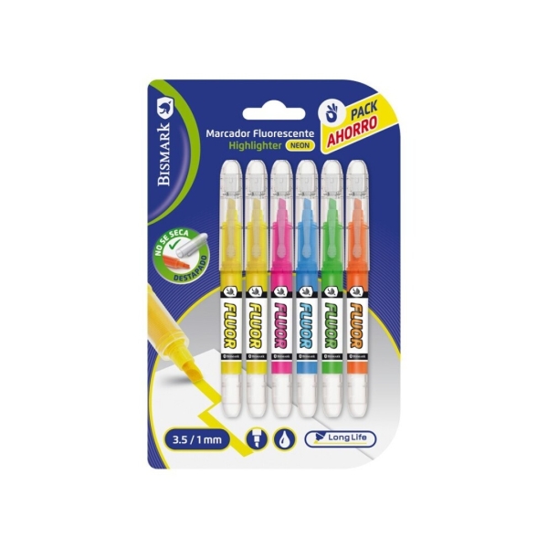Bismark Long-Life Pack de 6 Marcadores Fluorescentes Neon - Tinta Liquida - Punta Biselada - Ideal para Subrayar y Resaltar - Colores Surtidos