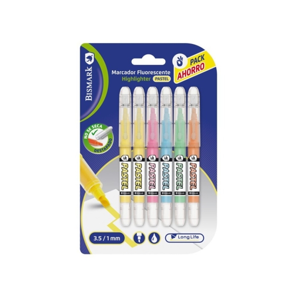 Bismark Long-Life Pack de 6 Marcadores Fluorescentes Pastel - Tinta Liquida - Punta Biselada - Ideal para Subrayar y Resaltar - Colores Surtidos