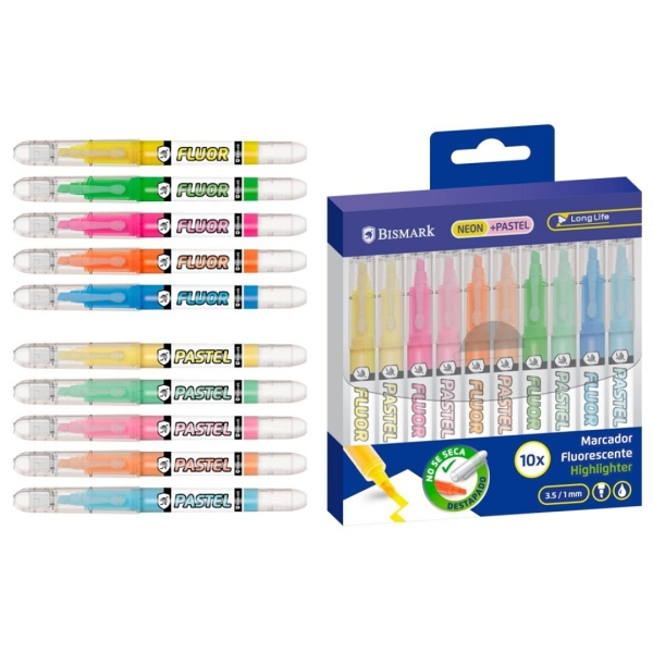 Bismark Long-Life Pack de 10 Marcadores Fluorescentes - 5x Neon y 5x Pastel - Tinta Liquida - Punta Biselada - Ideal para Subrayar y Resaltar - Colores Surtidos
