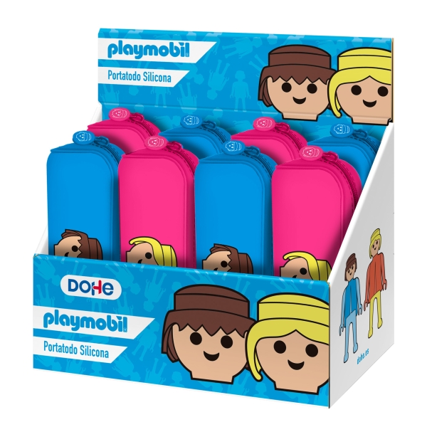 Dohe Playmobil Expositor con 8 Portatodos de Silicona - Cierre con Cremallera y Tirador de Goma - Colores Surtidos
