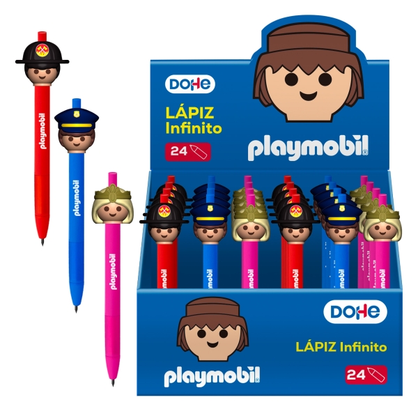 Dohe Playmobil Expositor con 24 Lapices Infinitos - Grip de Caucho - Se Borra Facilmente - Decorados Playmobil Policia, Bombero y Princesa.