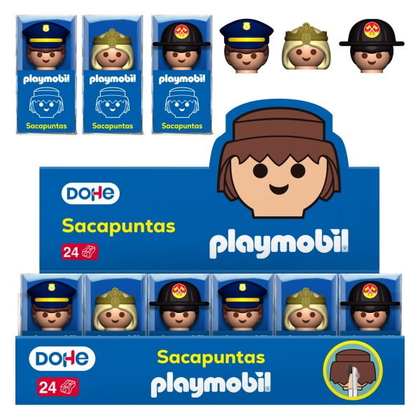 Dohe Playmobil Expositor con 24 Sacapuntas de 1 Orificio y Cuchilla de Acero - Decorados Playmobil Policia, Bombero y Princesa