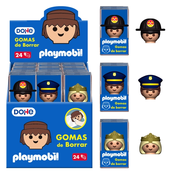 Dohe Playmobil Expositor de 24 Gomas de Borrar - Fabricadas en PVC - Decoradas Playmobil Policia, Bombero y Princesa