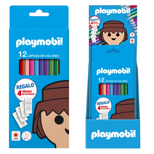 Dohe Playmobil Expositor con 12 Packs de 12 Lapices de Colores - Incluye 4 Hojas para Colorear en cada Pack - Mina de 2.8mm - Forma Hexagonal - Colores Surtidos